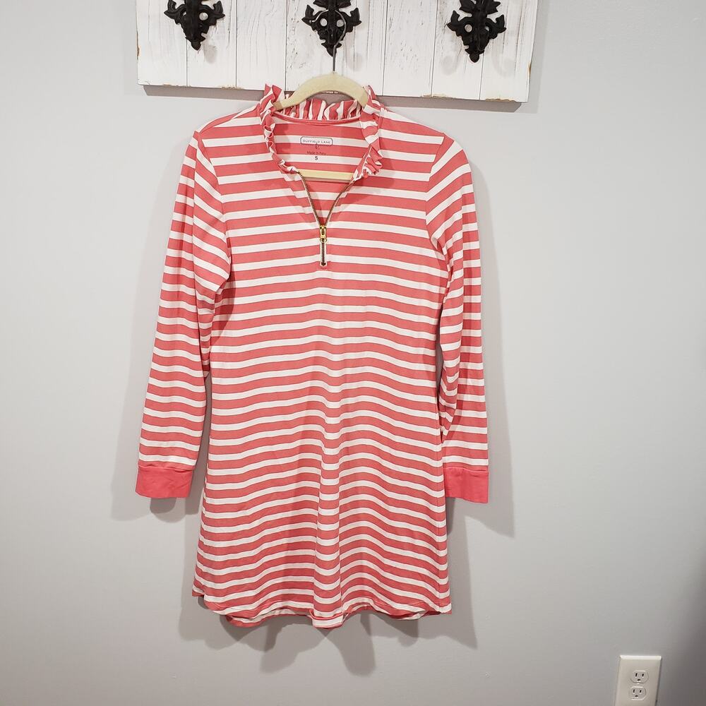 Duffield Lane Pink White Stripe Quarter Zip Dress Small Ruffle Neck EUC